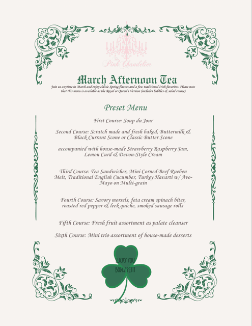Afternoon Tea Menu at The Pink Chandelier