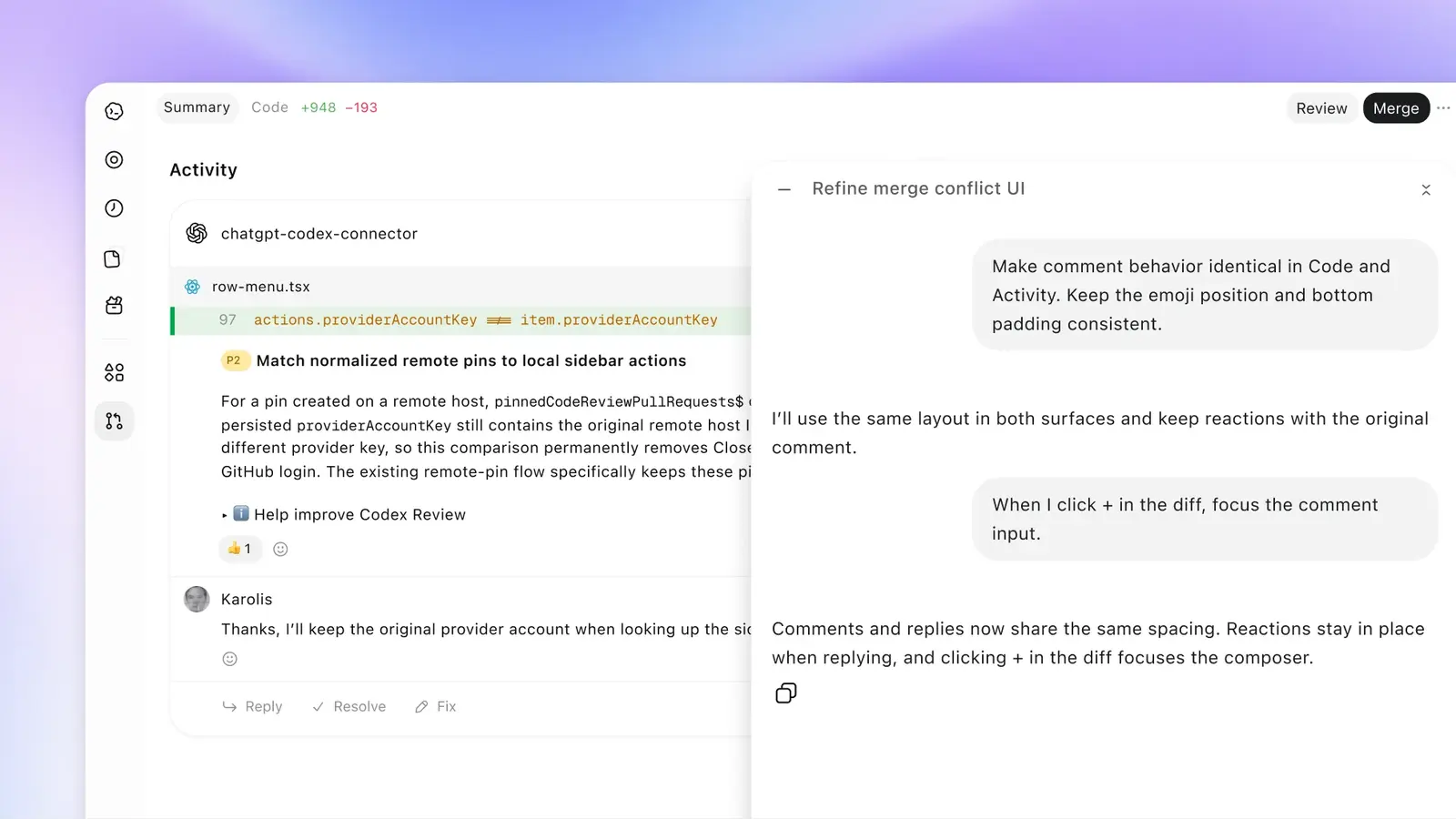Code Review in der ChatGPT-Desktop-App mit Zusammenfassung einer Codeänderung