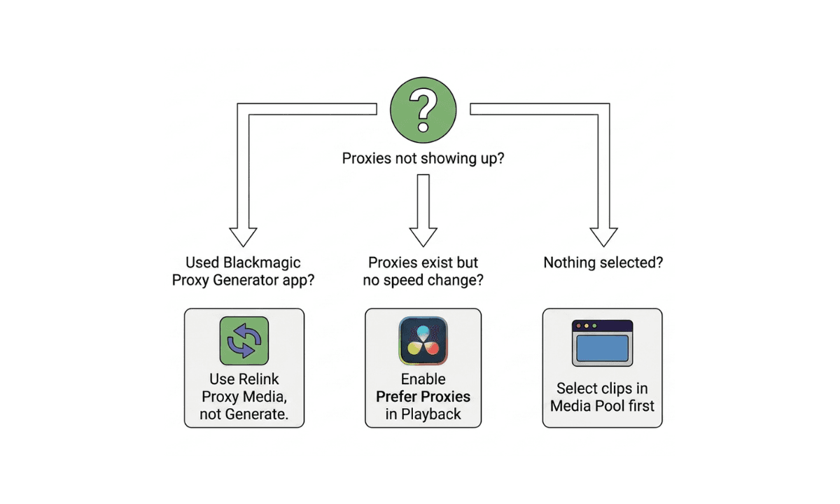 Flat illustration of a troubleshooting decision flow for DaVinci Resolve proxy issues, branching into three common causes: using the wrong relink command, forgetting to enable Prefer Proxies in Playback settings, or not selecting clips in the Media Pool first.