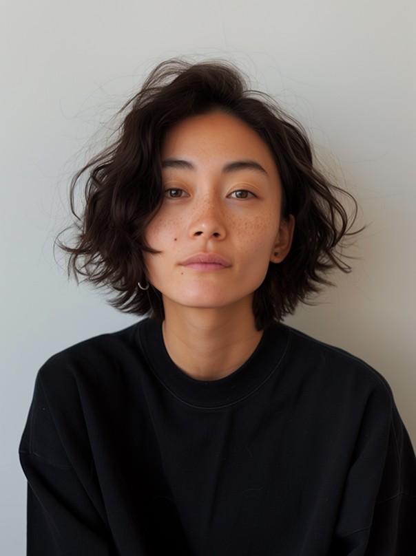 A woman with short curly hair wearing a black t-shirt looks into the camera.