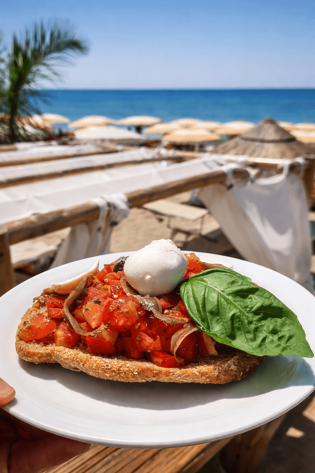 Bruschetta con pomodorini freschi e mozzarella sulla terrazza vista mare di Urlamare, Palinuro