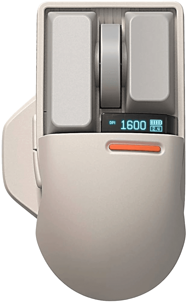Lofree Touch PBT wireless mouse in beige with an orange accent bar and a small display reading DPI 1600.
