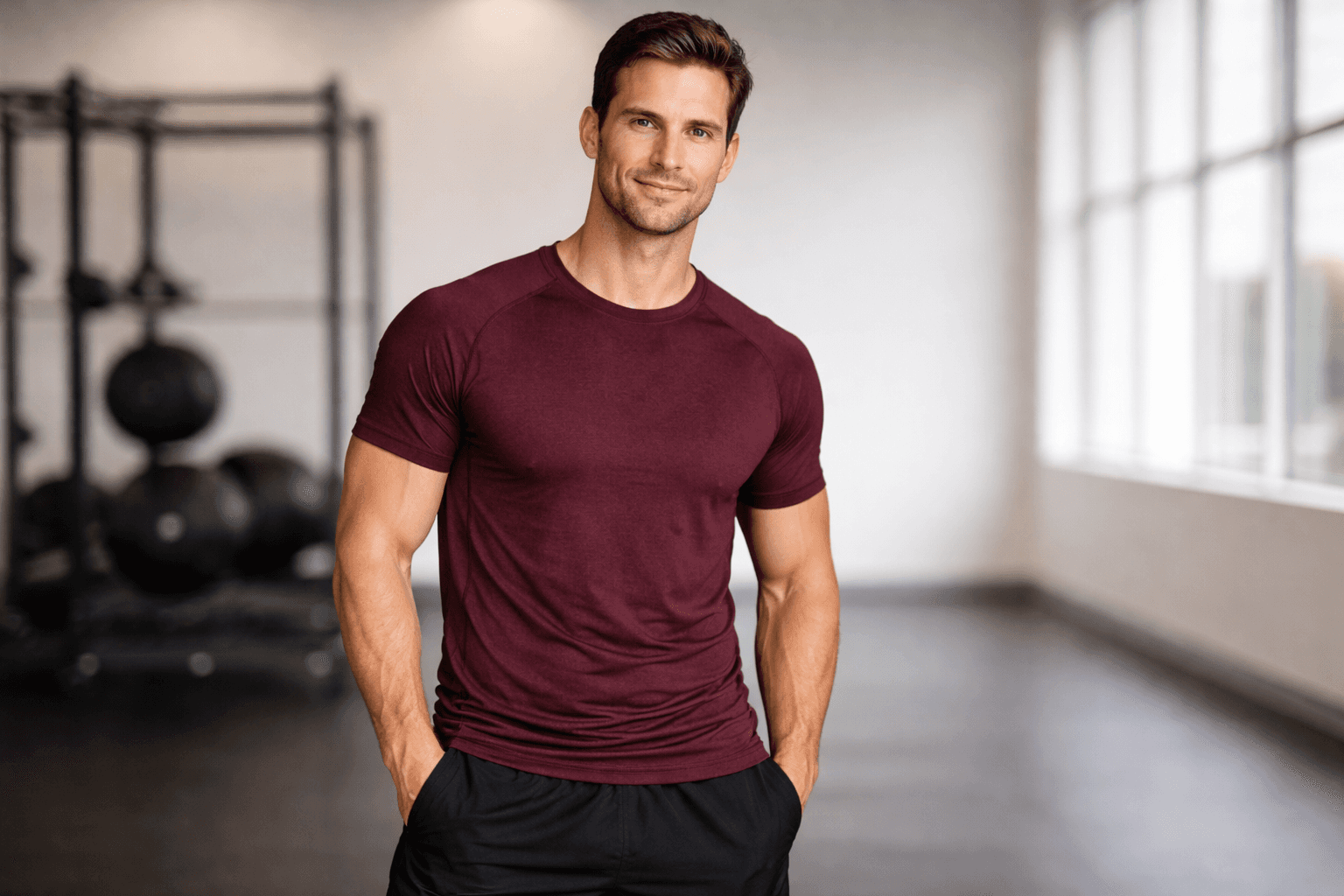 A muscular man in a maroon t-shirt and black shorts standing in a brightly lit gym.