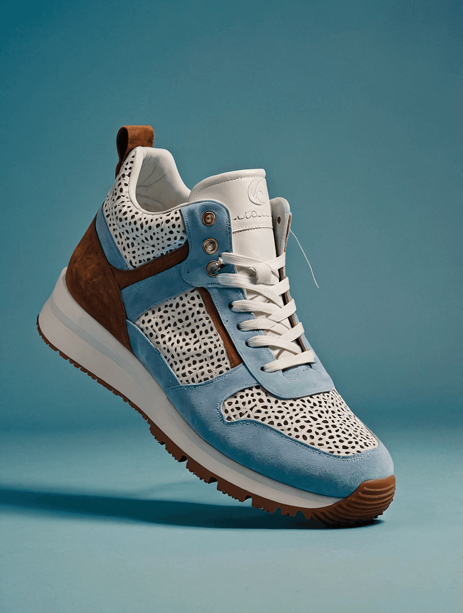 A light blue and brown sneaker with perforated white leather panels.