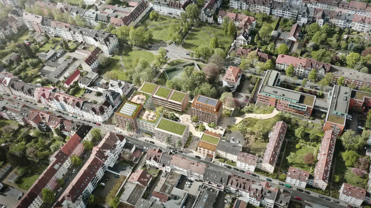 Isometrische Zeichnung eines Bauprojekts mit mehreren Gebäuden und markierten Strukturen in Rot