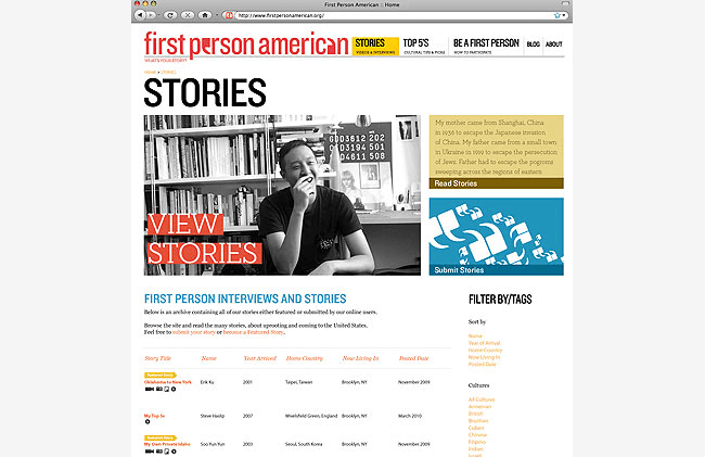 A screenshot of the First Person American website shows a news page with a headline "STORIES" and a large image of a person in a library setting. The page includes sections for "STORY FILE," "NAME," "YEAR," "HOUR," "AMOUNT," "ADDING," and "FOUND," with corresponding dates and locations listed below. A "FILTER BY/TAGS" section is also visible on the right side. The website's navigation bar at the top includes tabs like "STORIES," "TOP 5," "BE A FIRST PERSON," "BLOG," and "ABOUT."