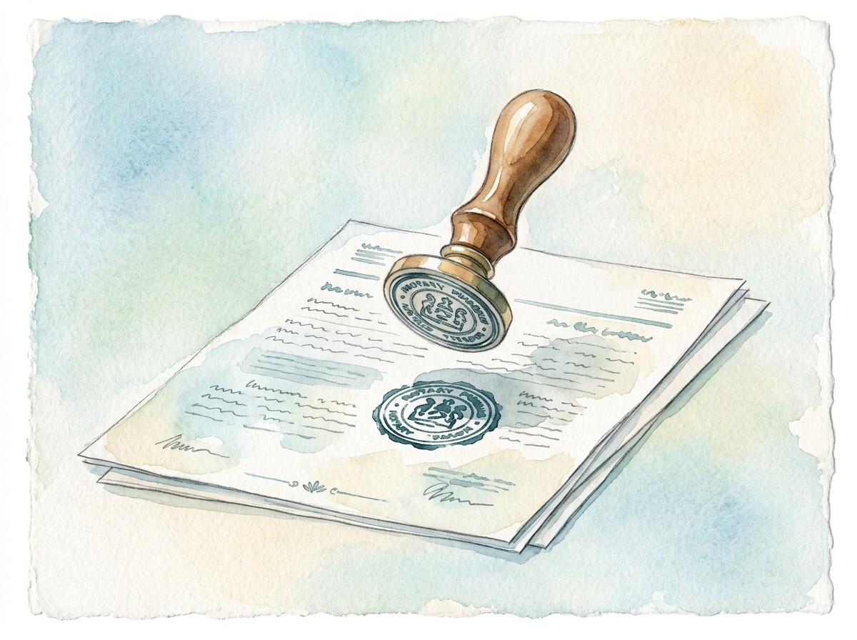 Watercolour of a wooden notary stamp resting on signed and sealed documents.