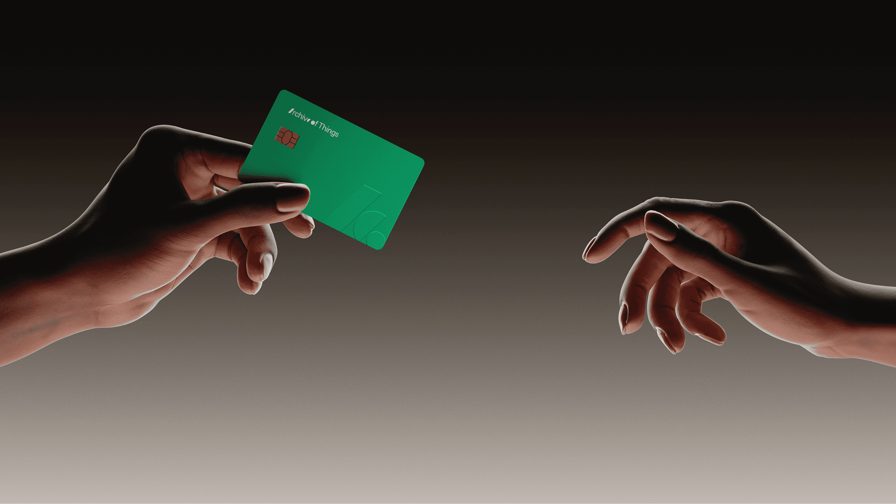 Two hands presenting a PVC card mockup against a dark gradient background.