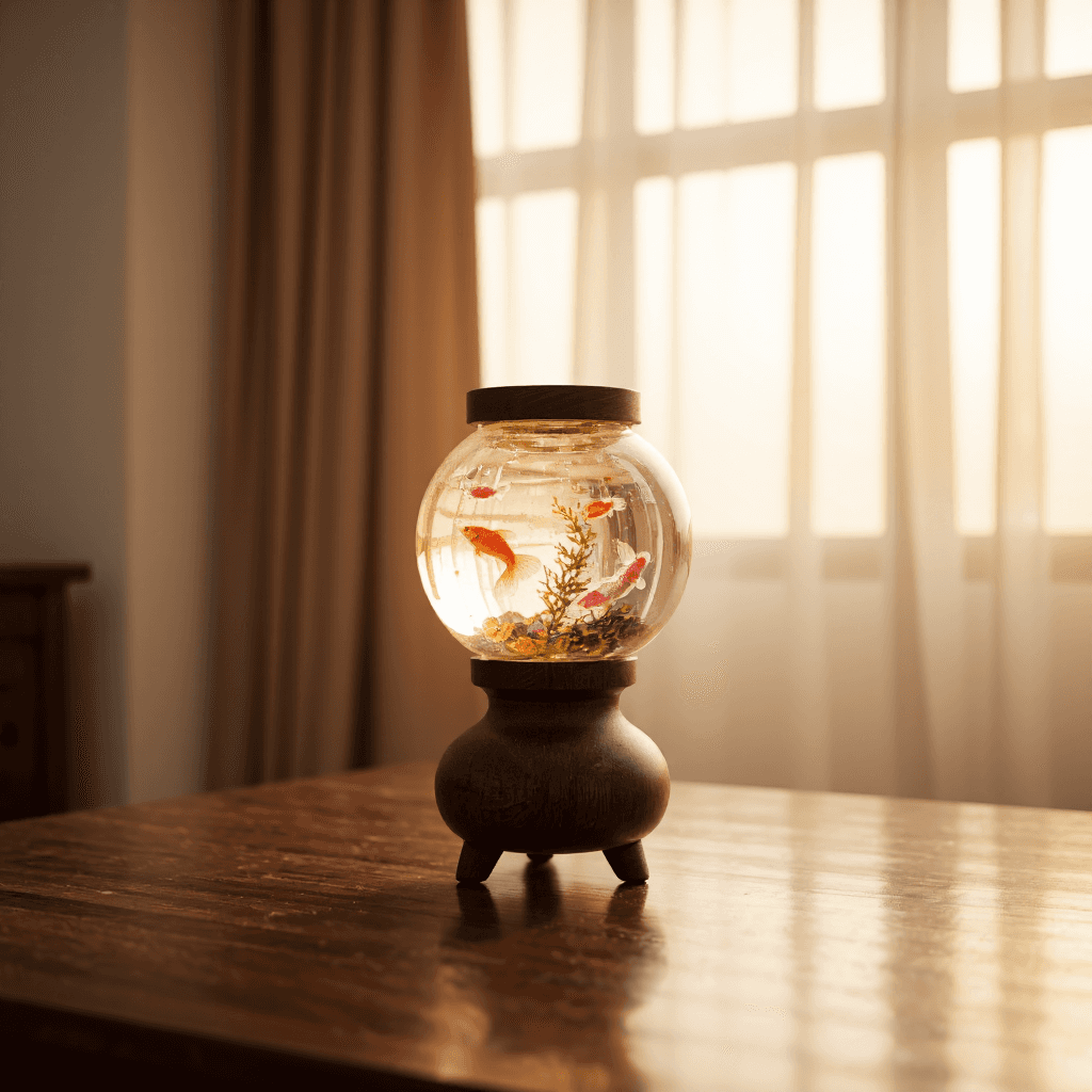 product photography of a decorative lamp with a water and fish design