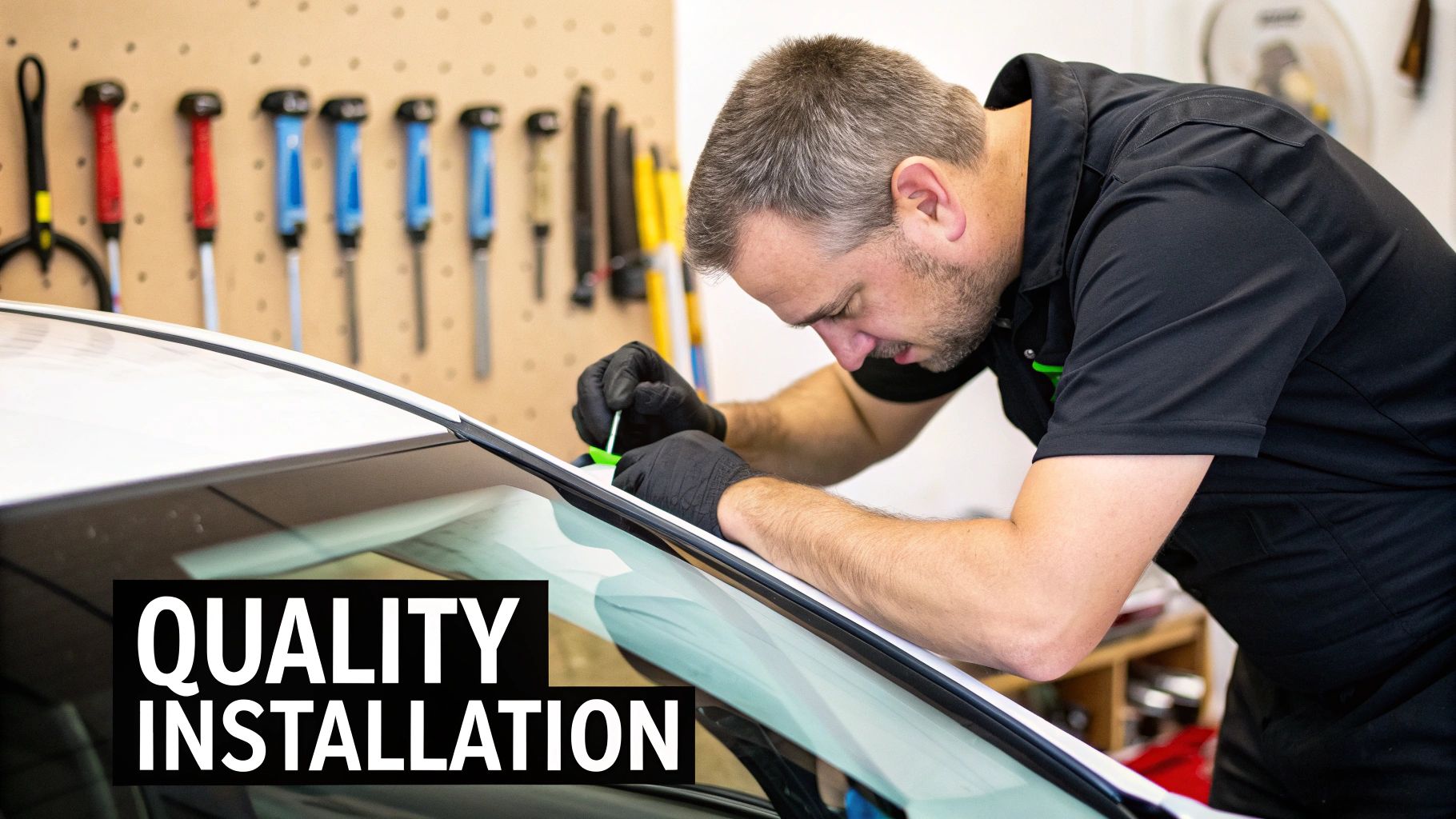 A technician applies high-quality adhesive to a vehicle frame before installing a new windshield.