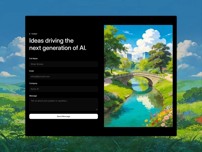 Kyros AI contact form section with dark background and a scenic anime-style bridge artwork