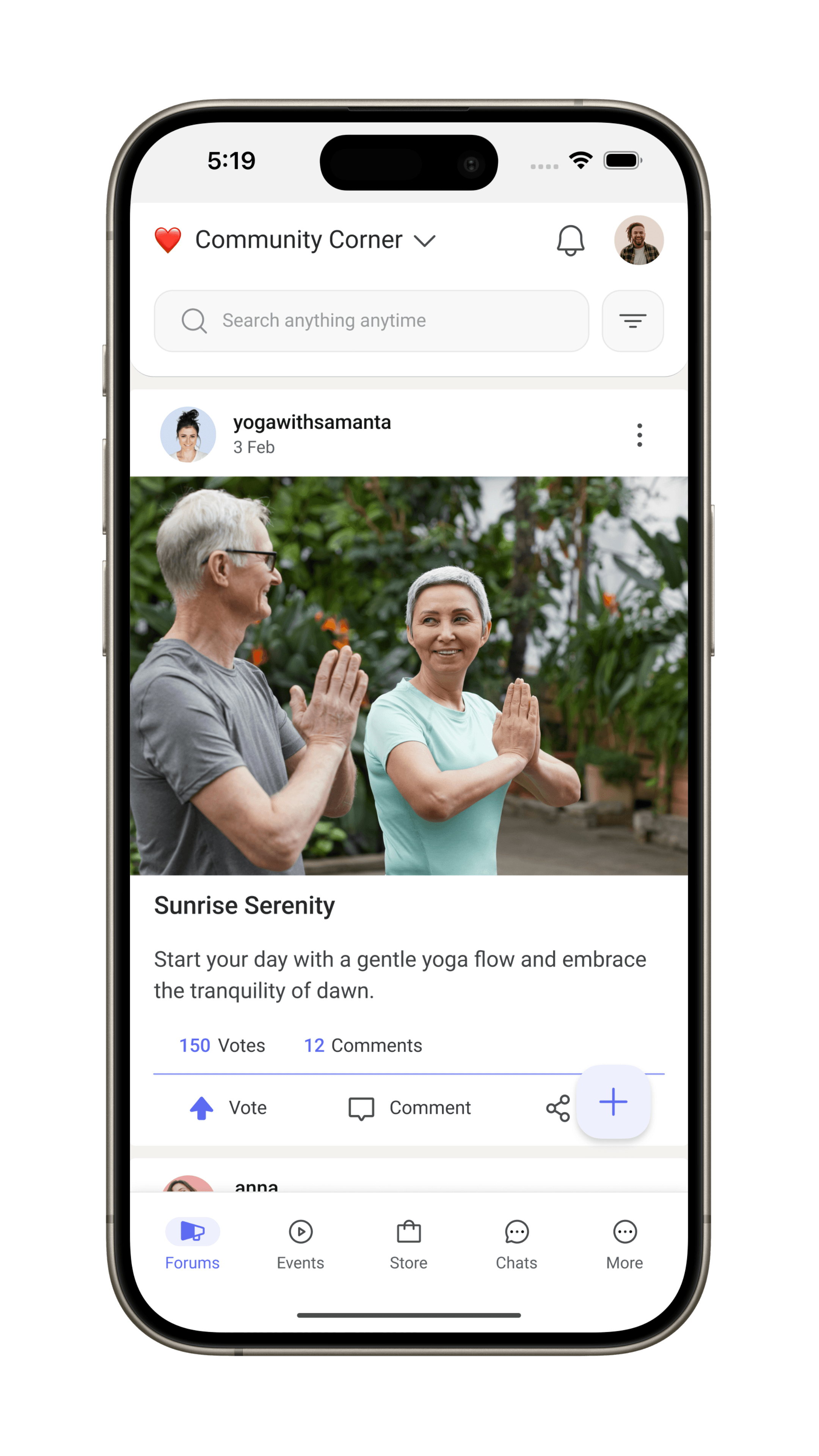 White-labeled mobile app of a yoga community built with Wylo, featuring community forums, event listings, digital product store, member chats, and more - all under the brand’s own identity.