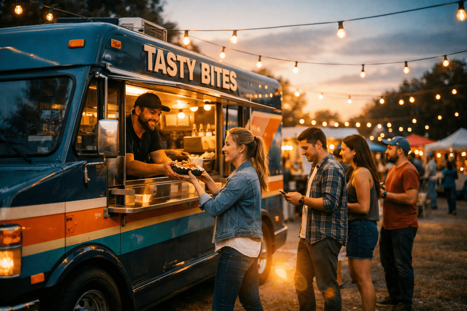 Food truck at a festival with market lights and tents serving a line of customers.