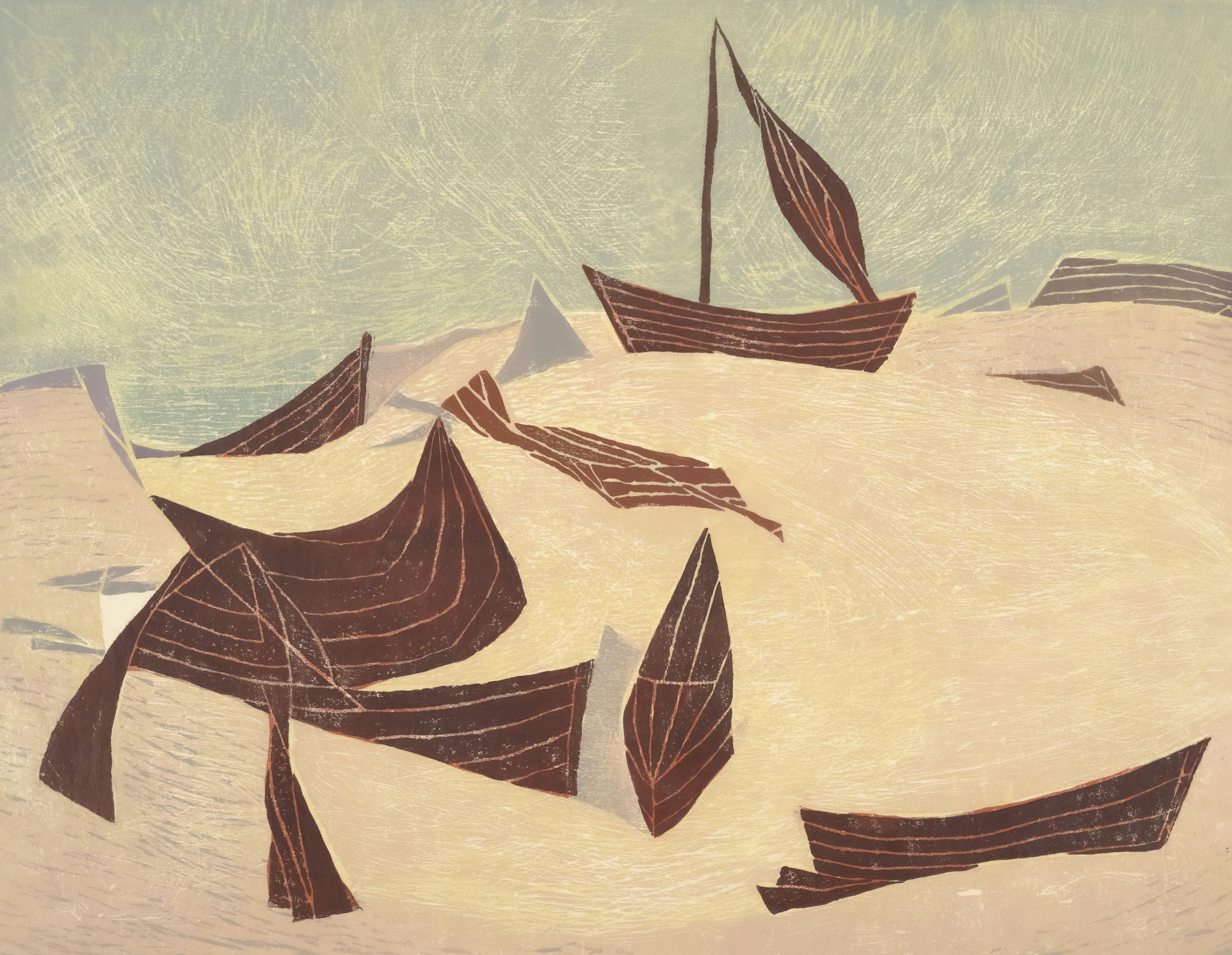 Several wooden boats resting on a sandy shore.