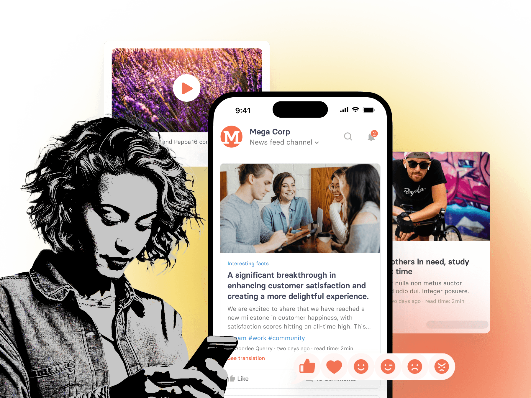 Illustration showcasing tchop's mobile-first communication hub for enterprises, highlighting streamlined communication, employee engagement, and a multi-channel branded experience.