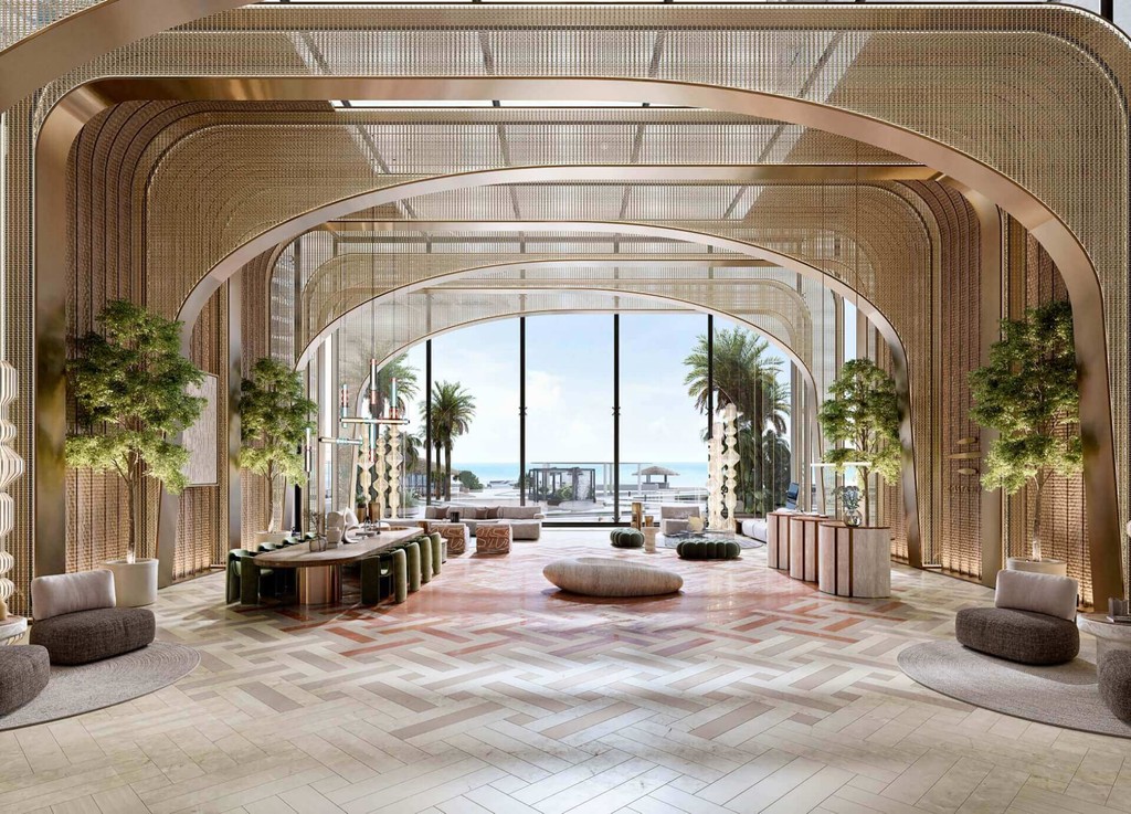 Opulent hotel lobby featuring stylish furnishings and a panoramic ocean view at Costa Mare.