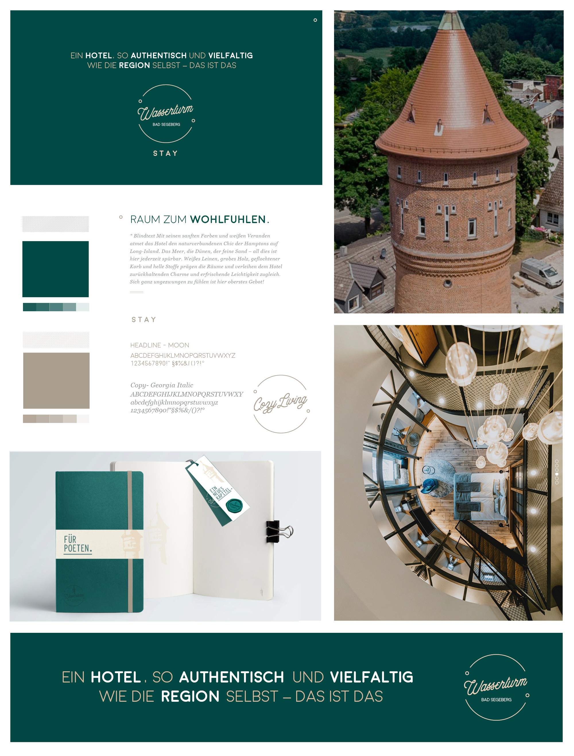 Architektur-Visualisierung eines Hotelzimmers im Wasserturm Bad Segeberg. Das Interior-Konzept greift den industriellen Charme mit Backsteinwänden und Rundbogenfenstern auf.