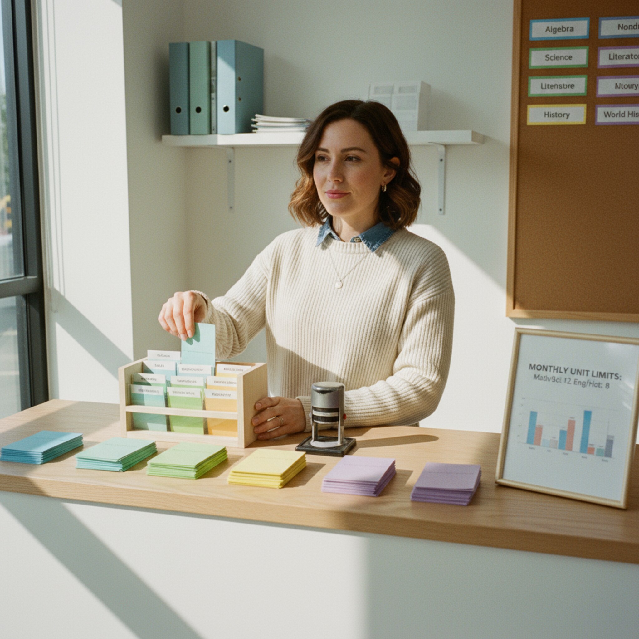 Ein kleiner Tresen mit ordentlich gestapelten Papierkarten, auf denen Fächerfarben markiert sind. Eine Mitarbeiterin legt eine neue Zehnerkarte in eine Box mit Namensschildern. Daneben ein Stempelkissen mit Datumstempel. Die Szene vermittelt klare Regeln, wer wie viele Einheiten in diesem Monat nutzen darf.