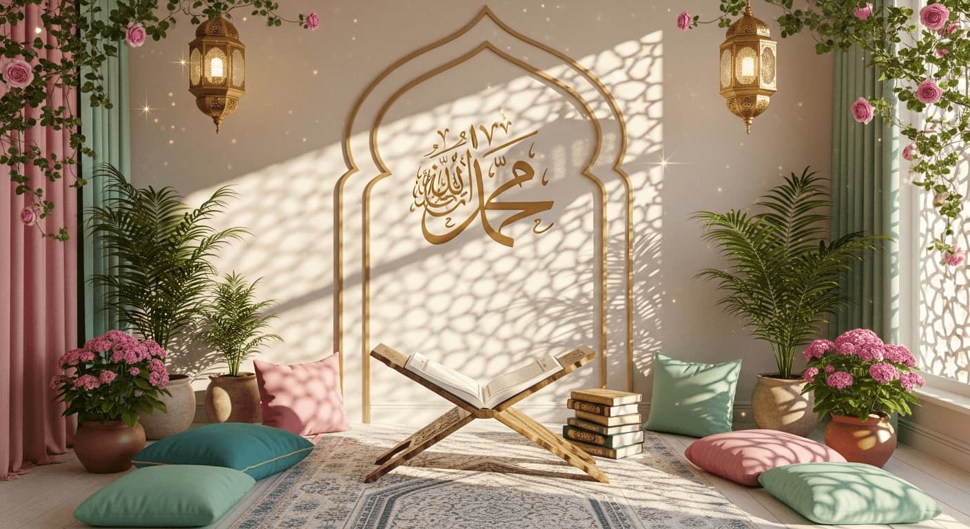 Quran on wooden stand in a room, Islamic calligraphy, floral decor, and golden lanterns.