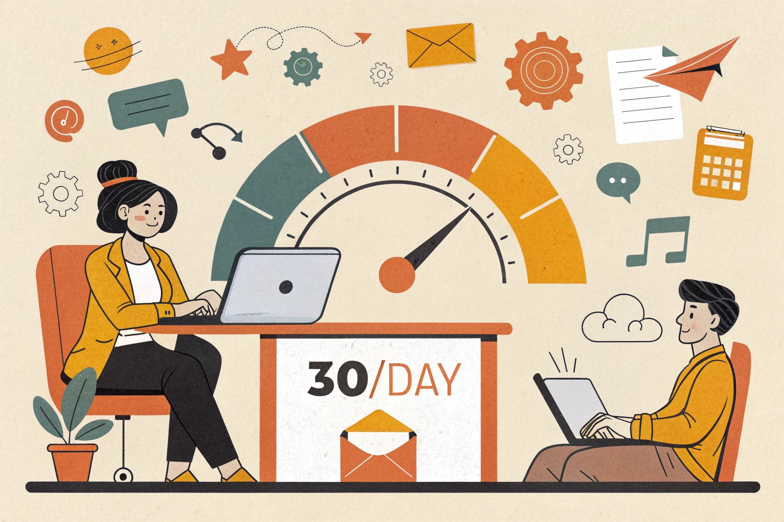 Sales person watching a 30 per day sending gauge with envelopes and a mailbox, flat vector orange and coral palette