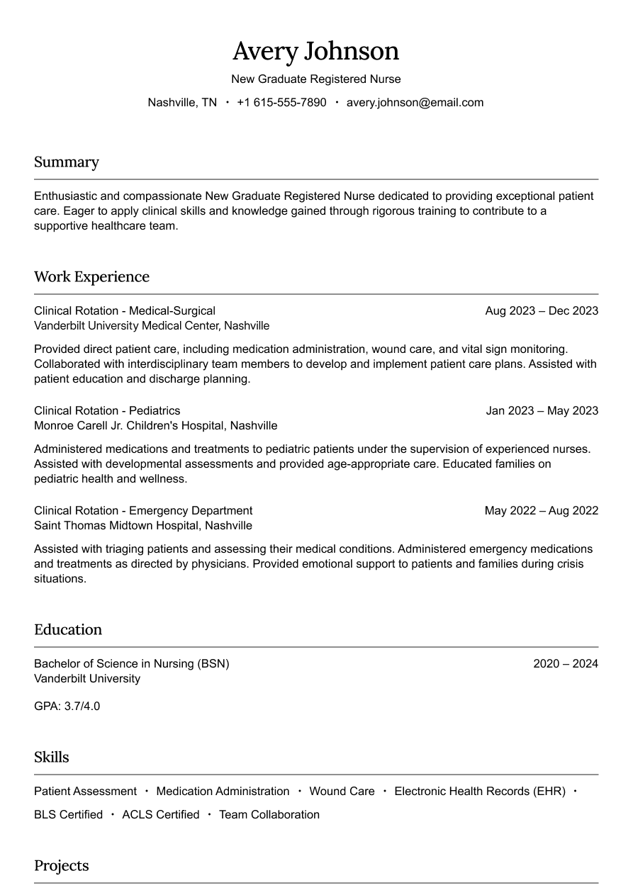New graduate registered nurse resume example