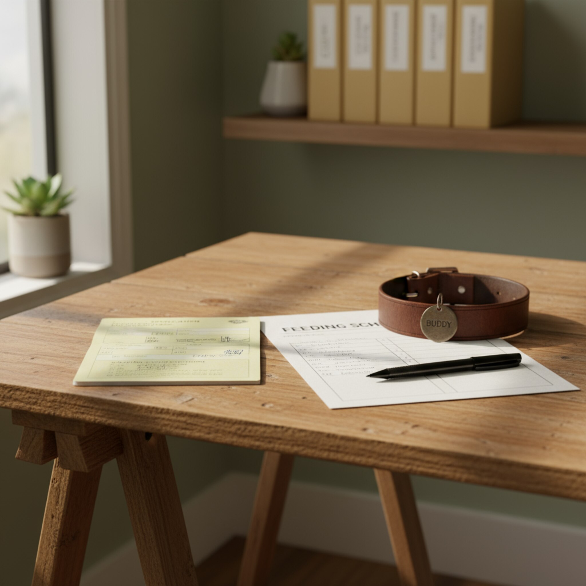 Auf einem Holztrestentisch liegen ein gelber Impfpass, ein notierter Fütterungsplan und ein Kugelschreiber ordentlich bereit. Ein Halsband mit Marke liegt daneben. Durch das Fenster fällt weiches Tageslicht auf die Papiere. Der Moment wirkt sorgfältig, ruhig und gut dokumentiert.