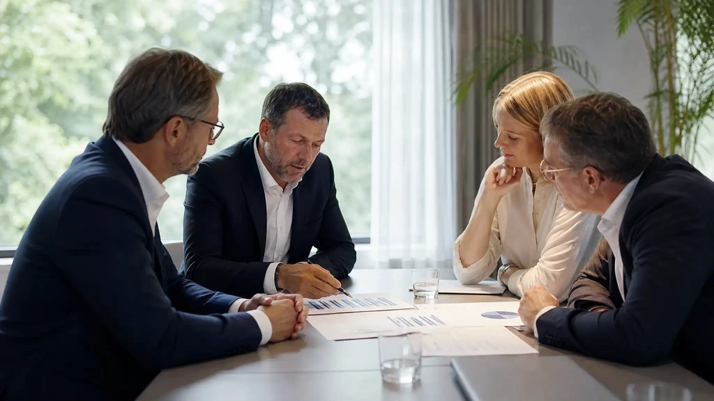 Beraterrunde prüft Kennzahlen und Unterlagen am Konferenztisch