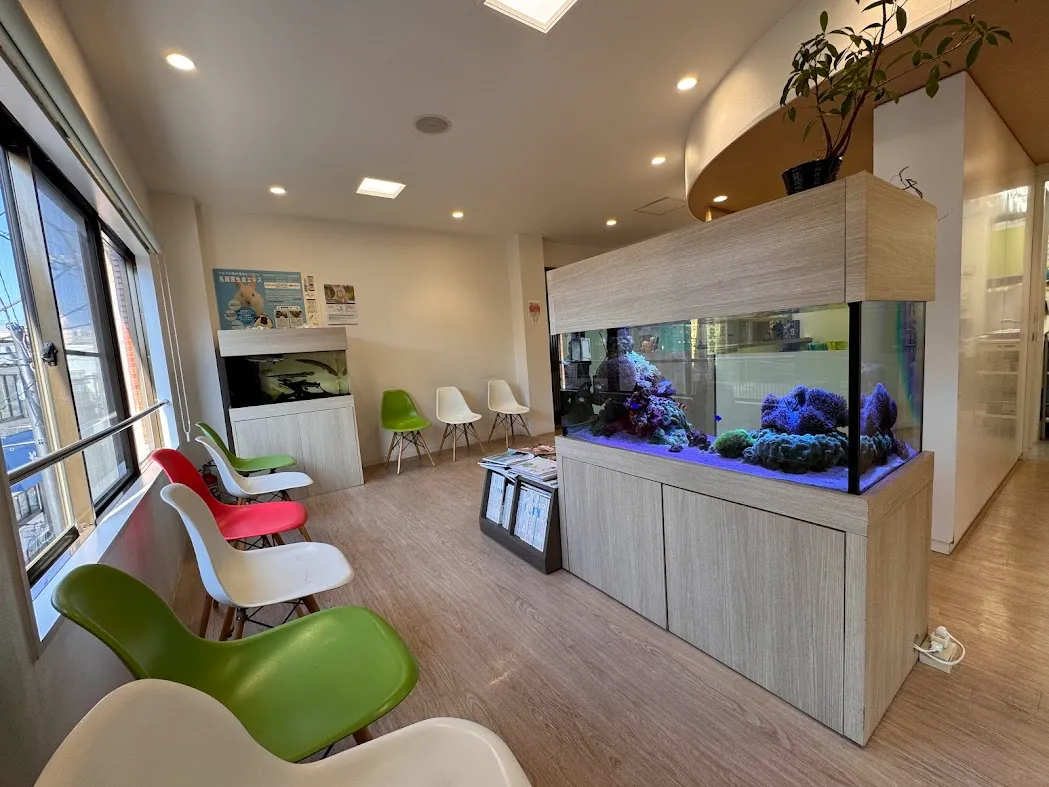 待合スペースに設置された大型水槽が、椅子や観葉植物とともに空間のアクセントになっている