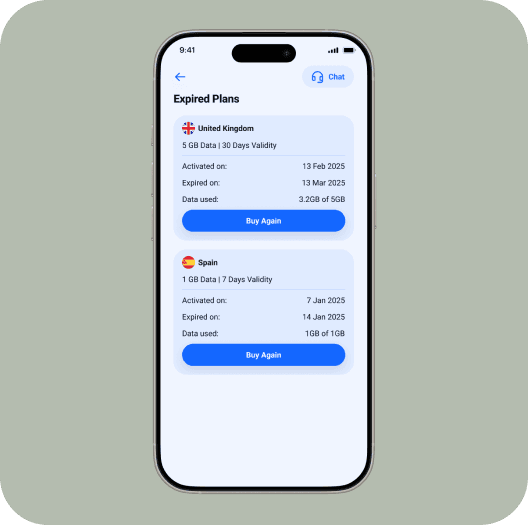 HERO app screen showing expired mobile plans and renewal options.