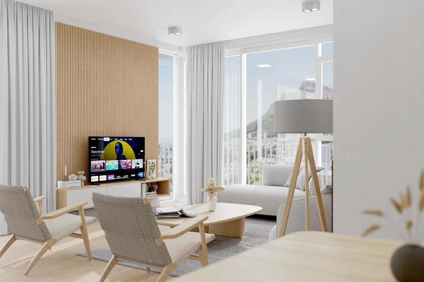 Spacious living room with mounted TV unit, beige sectional sofa, wooden flooring, glass partition, and decorative Christmas tree