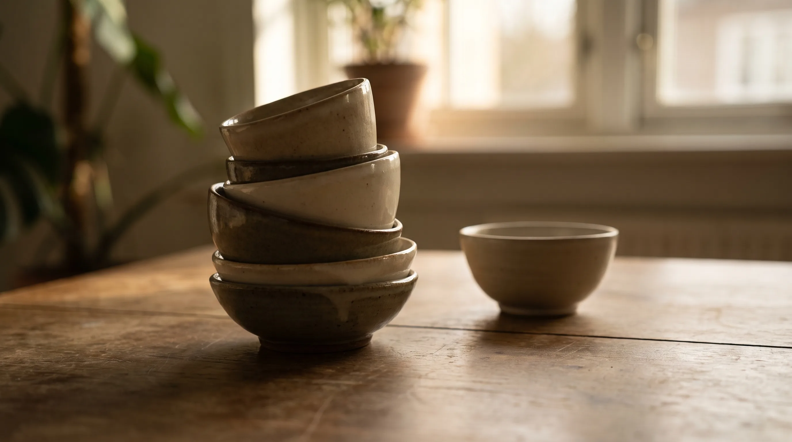 Four small ceramic pieces stacked into an unstable tower beside one plain bowl standing on its own