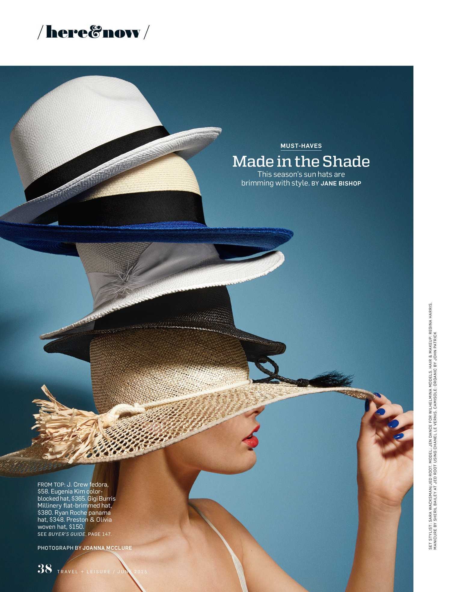 A layout of a white female model having five sun hats stacked up on her head.