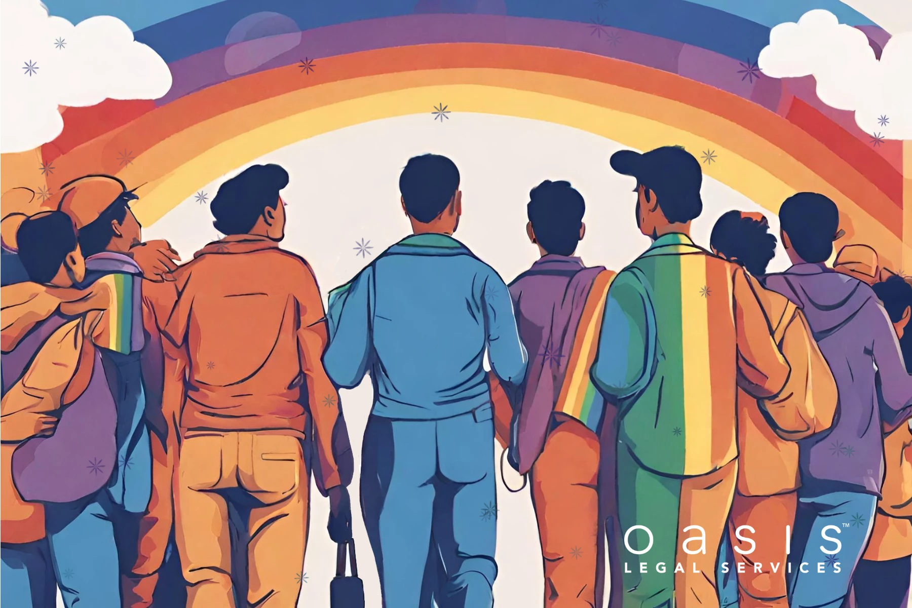 Um grupo diverso de pessoas, de costas, vestindo roupas coloridas, está reunido sob um arco-íris vibrante, simbolizando unidade e inclusão, com um logotipo no canto inferior indicando Oasis Legal Services.