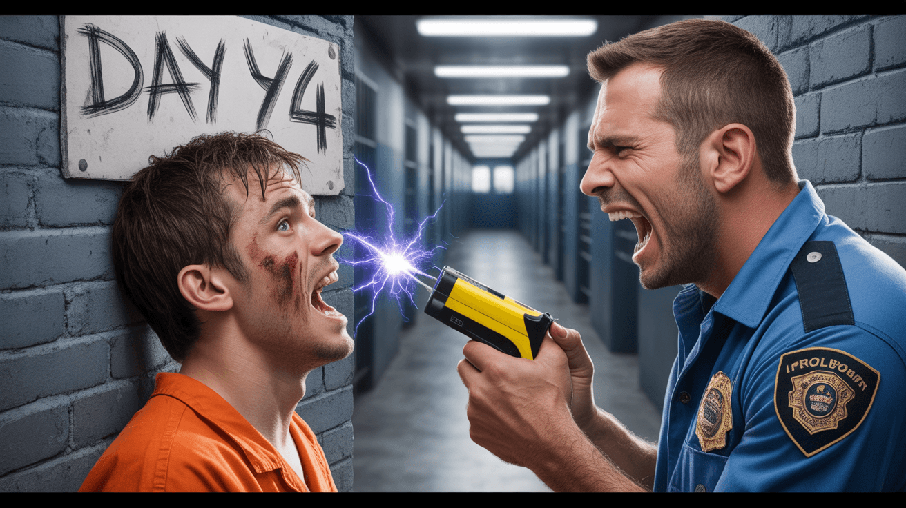 Prisoner confronted by guard with sparking taser for prison survival challenge thumbnail