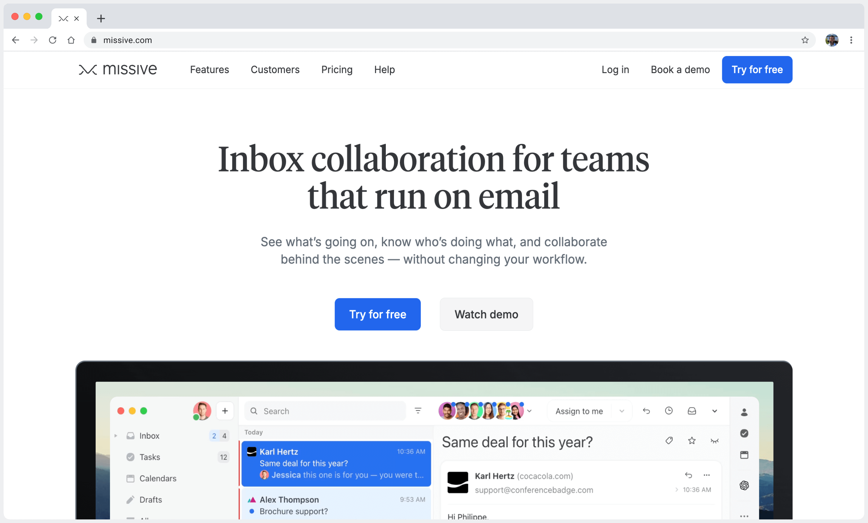 Missive inbox collaboration platform showing email interface with team collaboration features and unified inbox view.