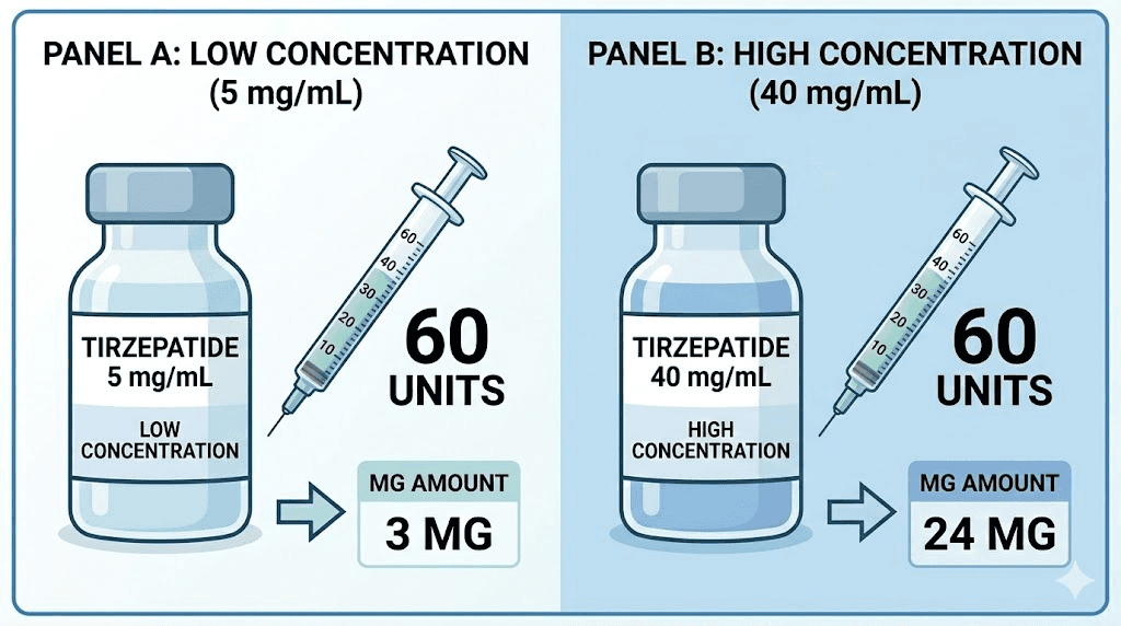 Same 60 units delivers different tirzepatide mg depending on vial concentration