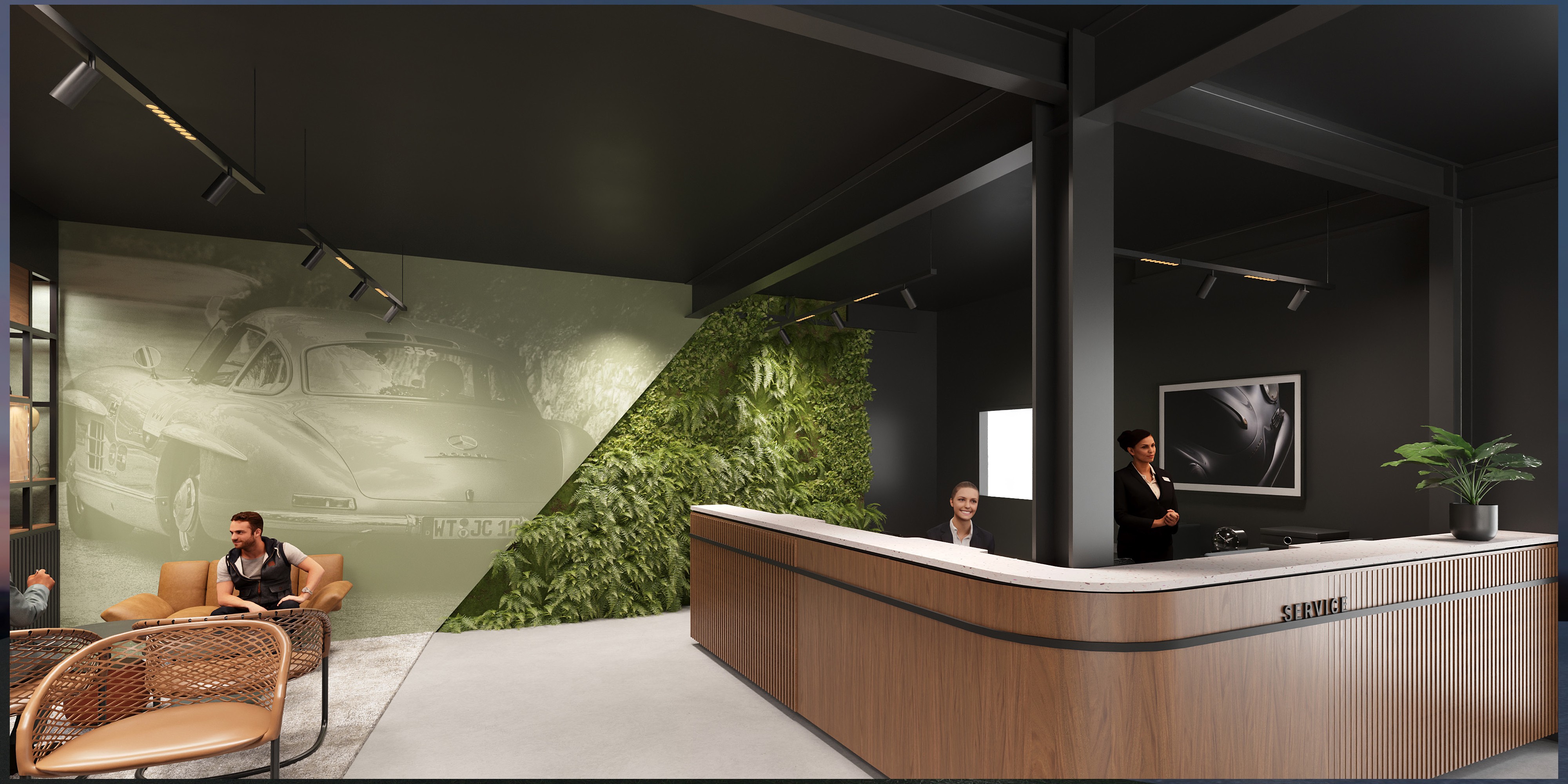 Reception wooden desk of a garage retail design concept for Arenaz Automobiles et Services SA in Crissier Switzerland