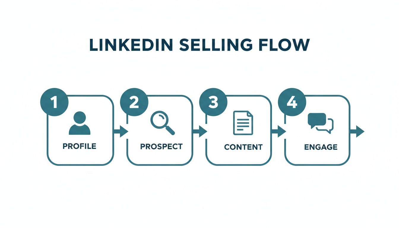 Infographic displaying the LinkedIn selling flow with four steps: profile, prospect, content, engage.