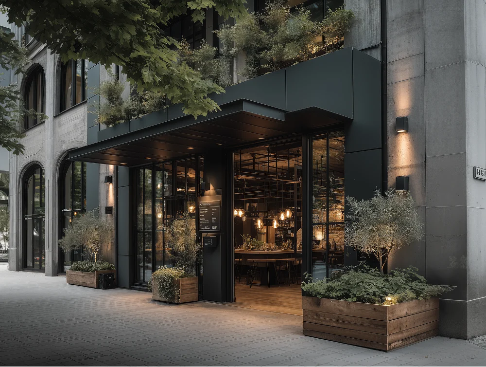 Restaurant exterior with black facade and welcoming atmosphere.