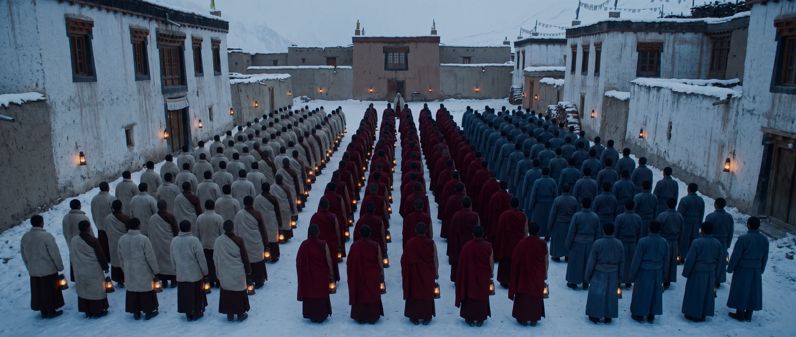 Concept art: several hundred villagers standing in exact ranks in a snow-covered square at dusk, backs to camera, in blocks of cream, crimson and slate blue, lanterns set on the ground between the rows.
