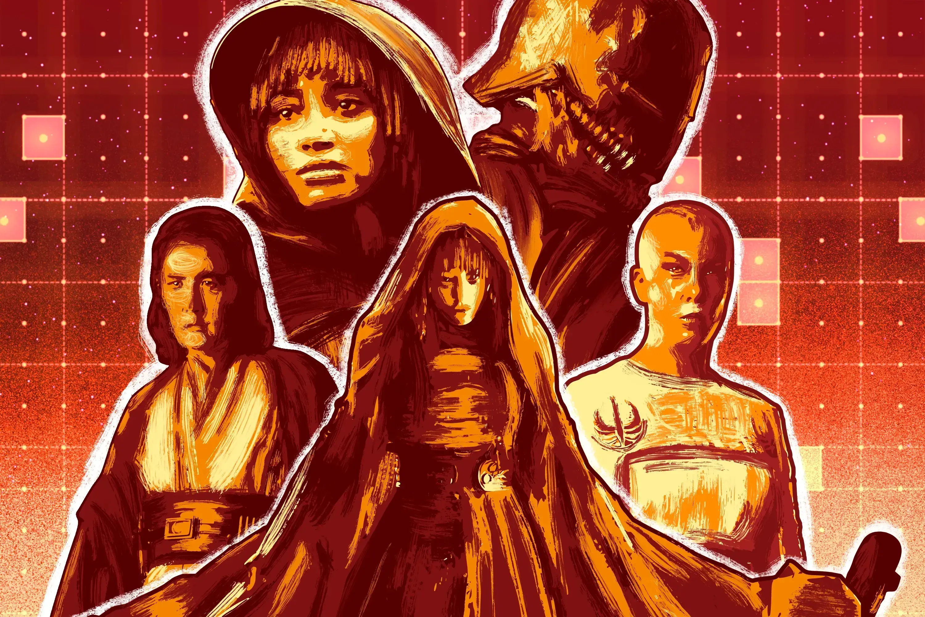 Mae and Osha Aniseya, Master Sol, The Stranger, and Vernestra Rwoh from The Acolyte over a geometric background