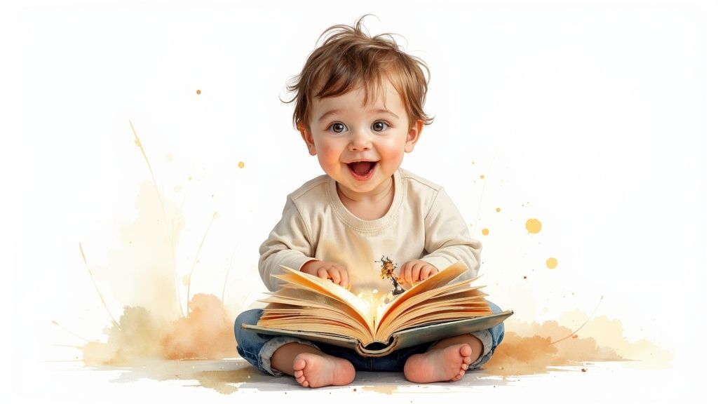Happy toddler sitting cross-legged with open personalized story book, bright and cheerful expression