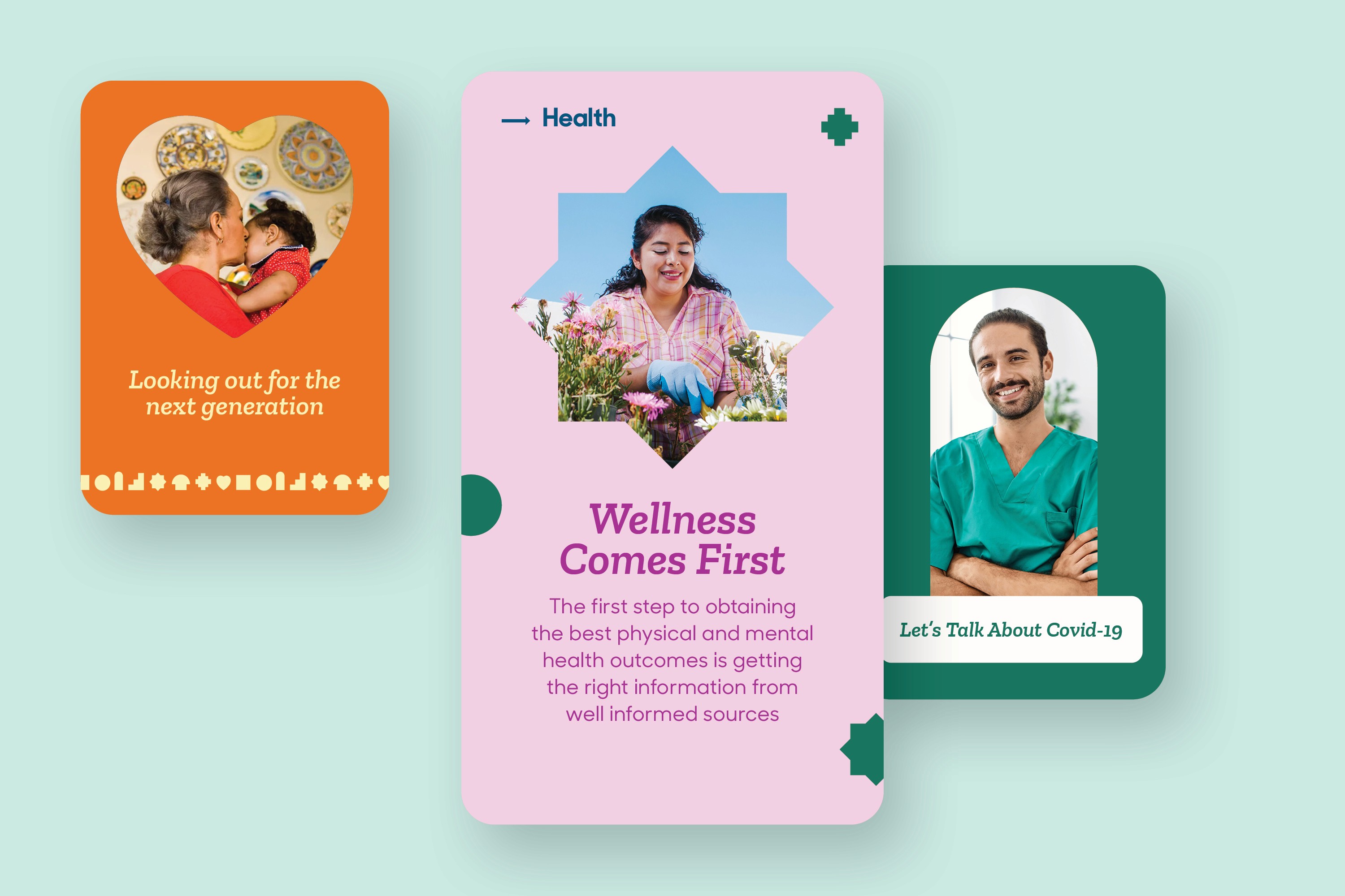 PAPEL health literacy card designs, including a 'Wellness Comes First' message paired with community photography.