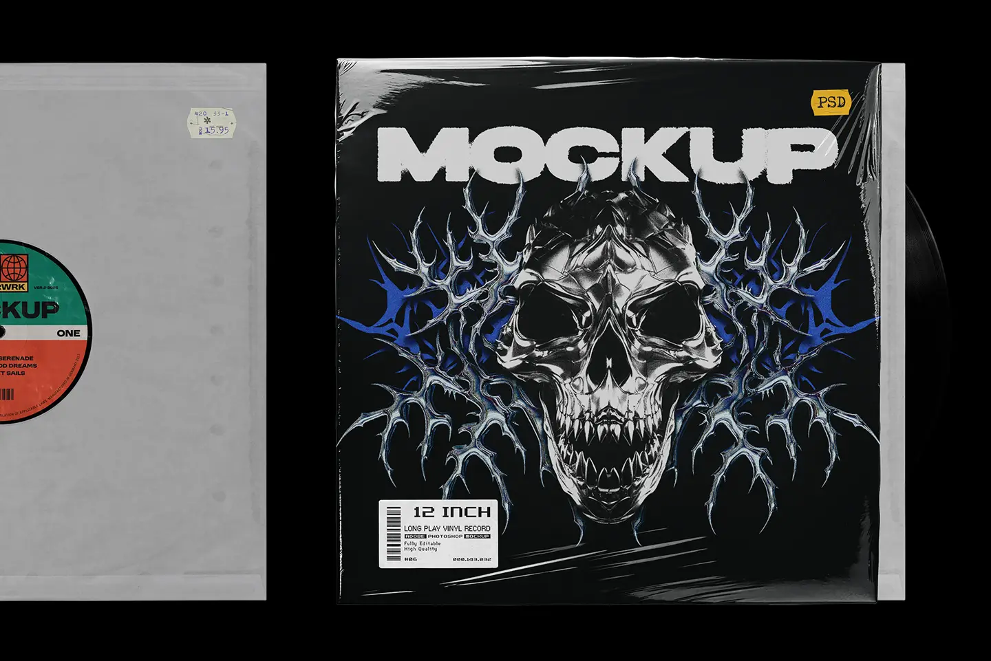 Vinyl record mockup inner sleeve with editable cover and visible vinyl record