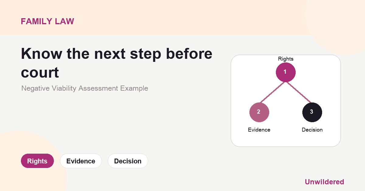Explainer card for Negative Viability Assessment Example: Rights, Evidence, Decision.