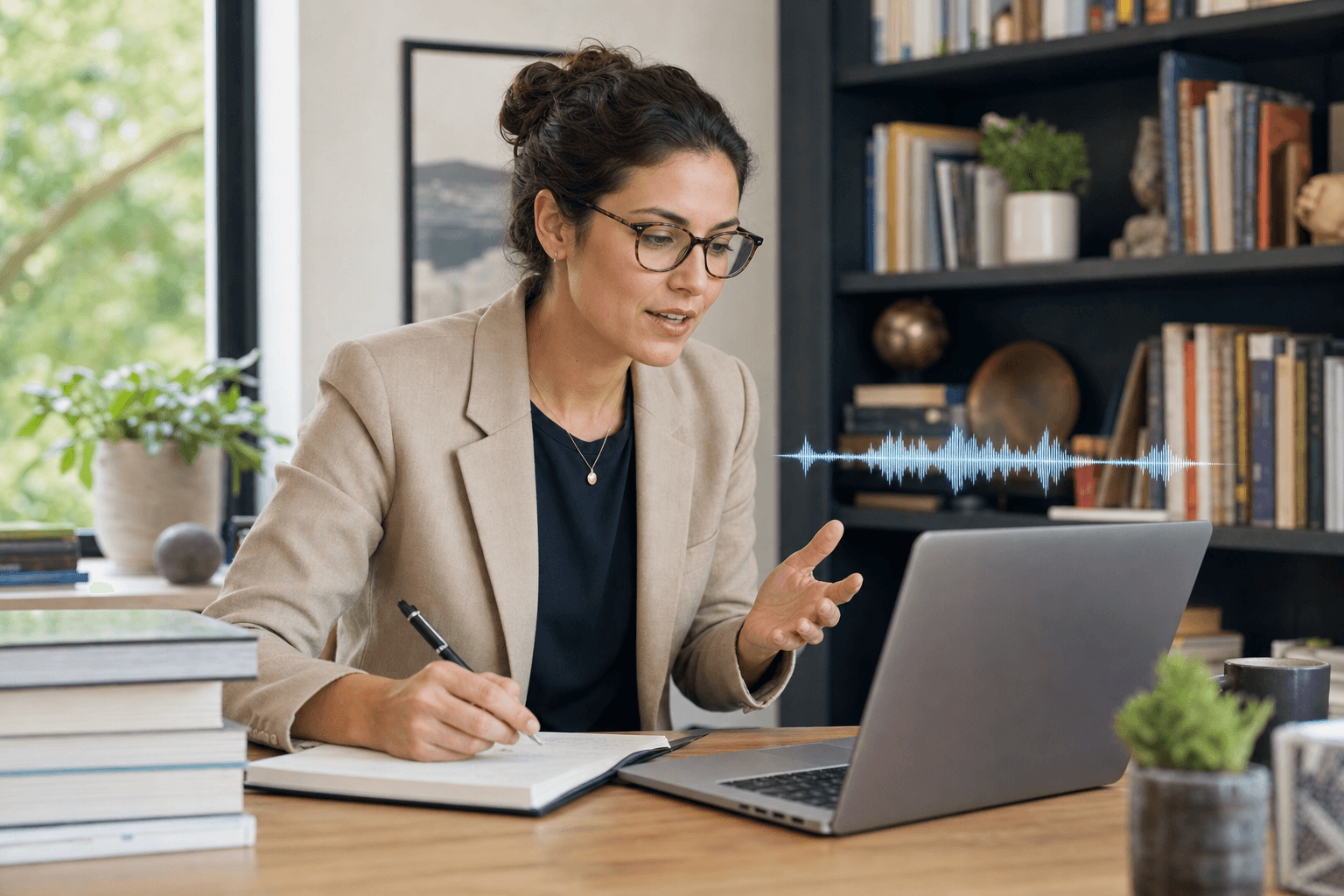 A university researcher or faculty member speaking into a laptop microphone while writing a literature review, modern academic office setting, soft natural lighting, clean and professional, subtle waveform or audio visualization indicating voice dictation in progress, warm and focused atmosphere