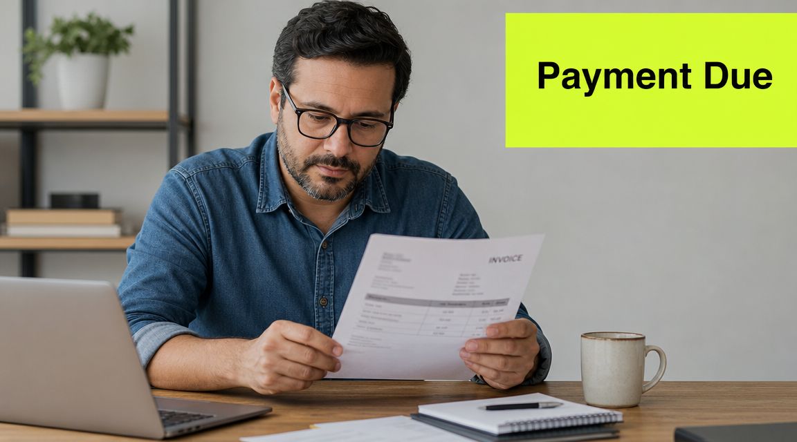 A focused man wearing glasses reviews a paper invoice at his desk with a laptop and coffee.
