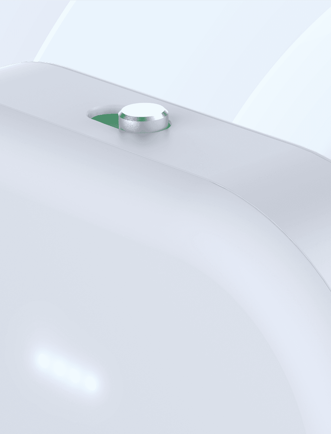 Nahaufnahme eines weißen digitalen Hardware-Prototyps mit einem kleinen silbernen Knopf, einer grünen Anzeigeöffnung und vier leuchtenen Punkten