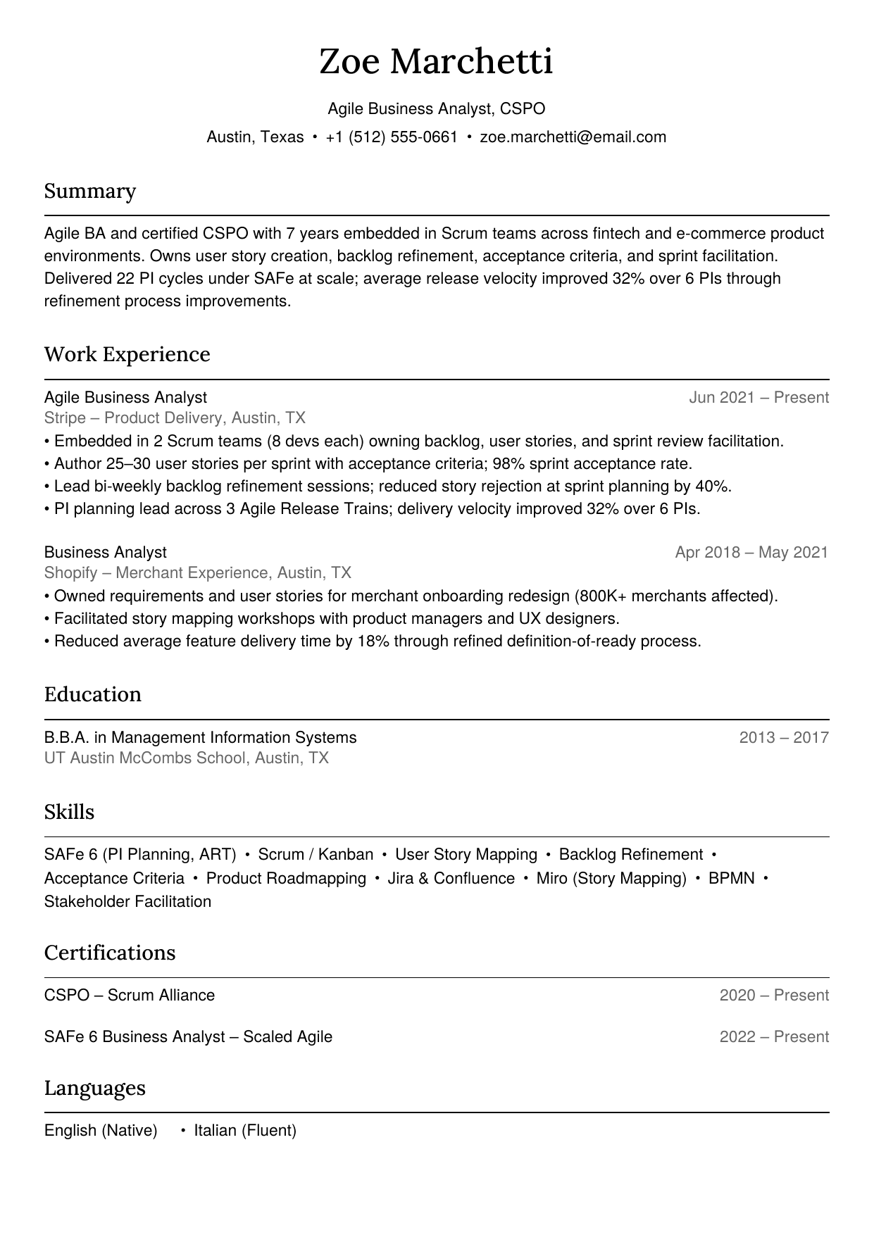 Agile business analyst resume example