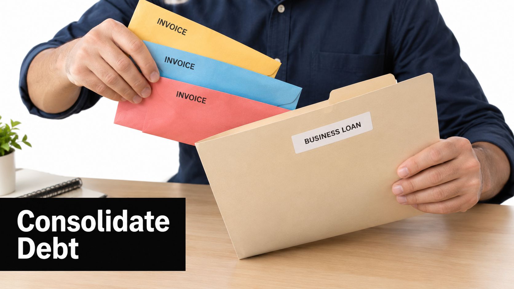 A person organizing several invoice envelopes into a business loan folder to represent debt consolidation.